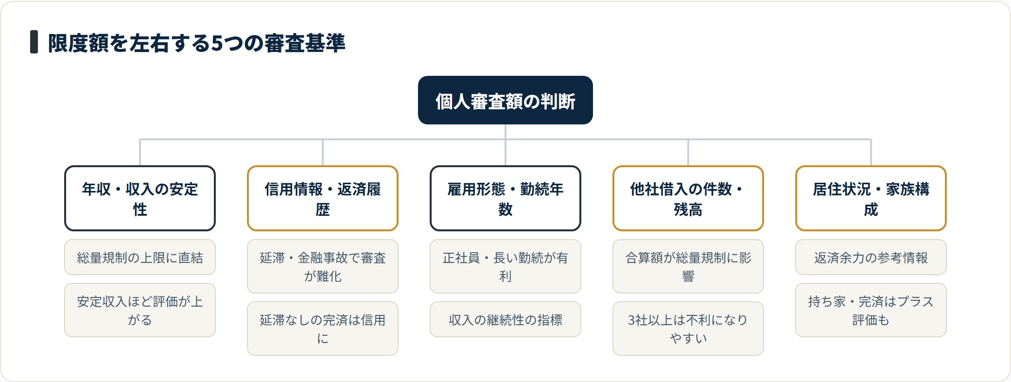 限度額を左右する5つの審査基準とその影響を整理した分類ツリー図。